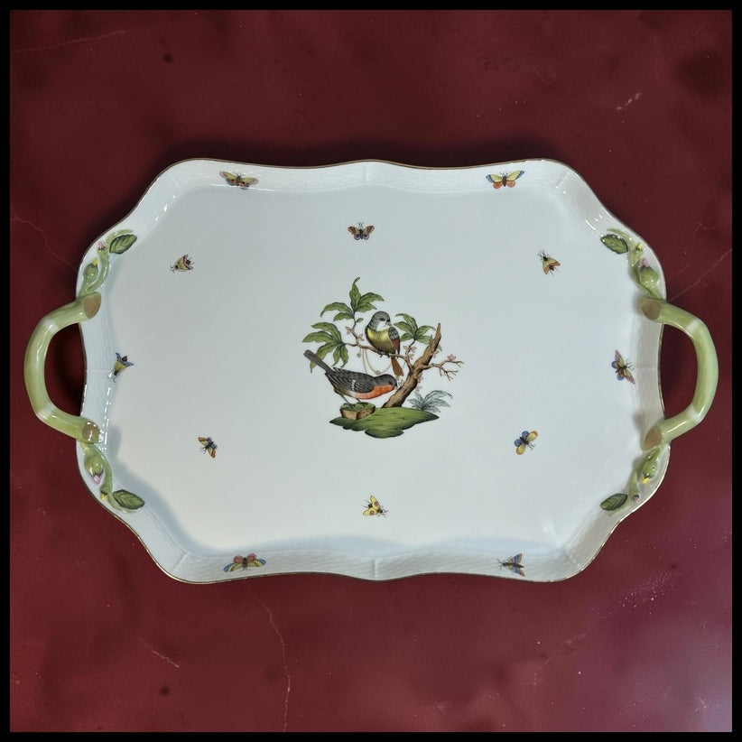 Vintage Circa 1970 Hungarian Herend Porcelain Hand-Painted Rothschild Bird Pattern Scalloped Rim Handled Rectangular Serving Tray