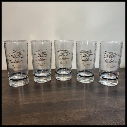 Set of 5 Vintage 1960’s American Mid Century Modern Griffiths Golden Grid Gilded Television Component Motifs Highball Glasses