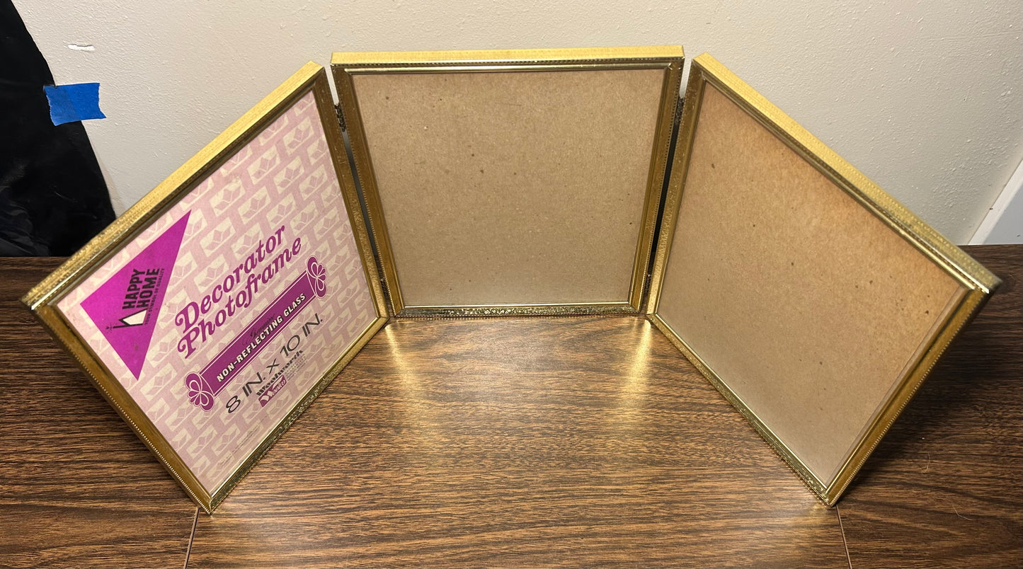 Vintage 1970’s American Woolworth Intercraft Brushed Brass Metal 8” x 10” Standing Tri-fold Picture Frame