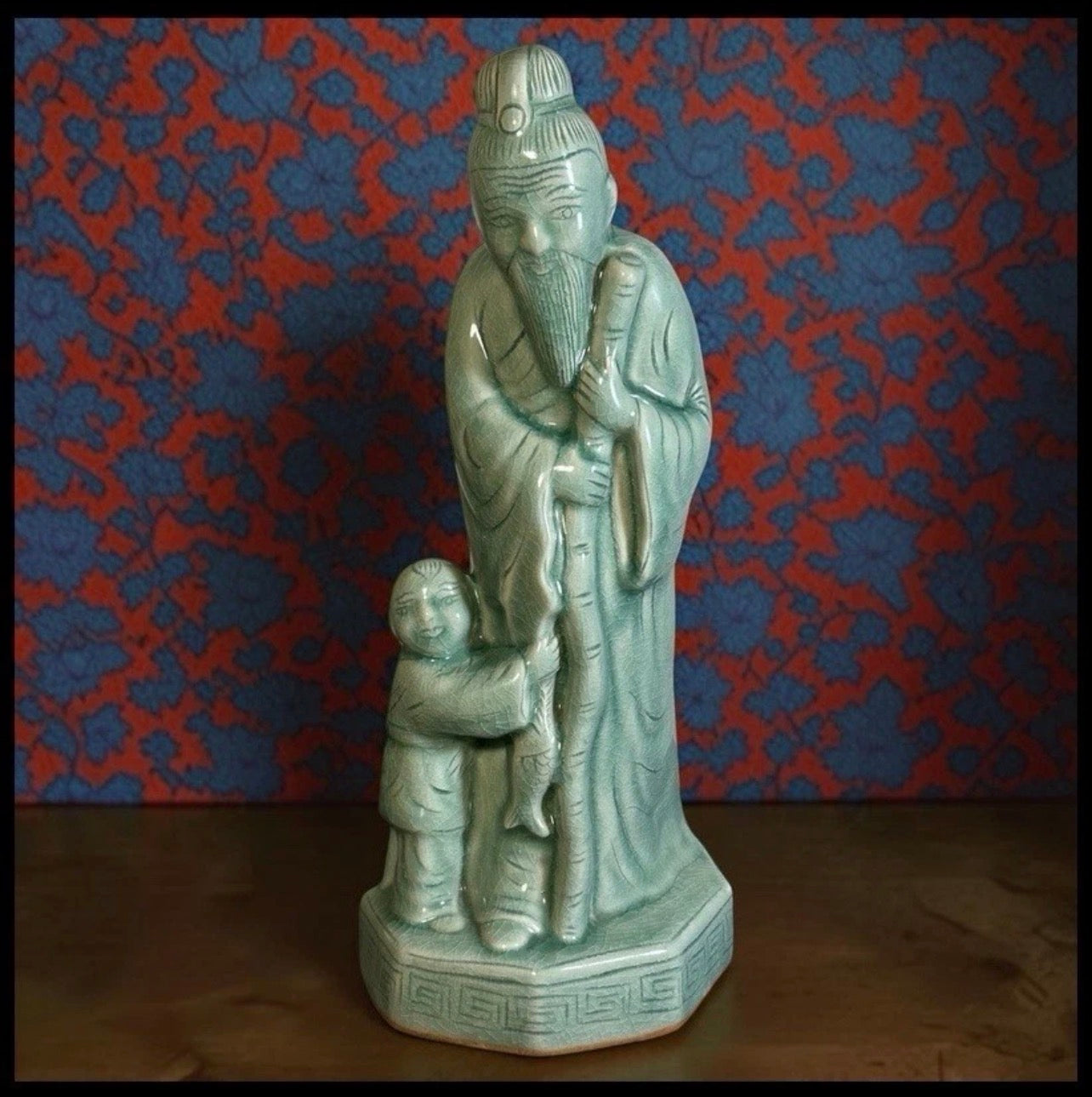 Vintage 1970’s Chinese Celadon Porcelain Shou Lao Taoist God of Longevity Statue