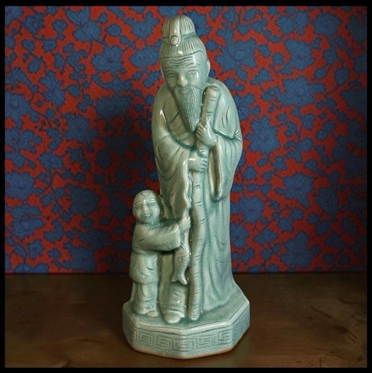 Vintage 1970’s Chinese Celadon Porcelain Shou Lao Taoist God of Longevity Statue