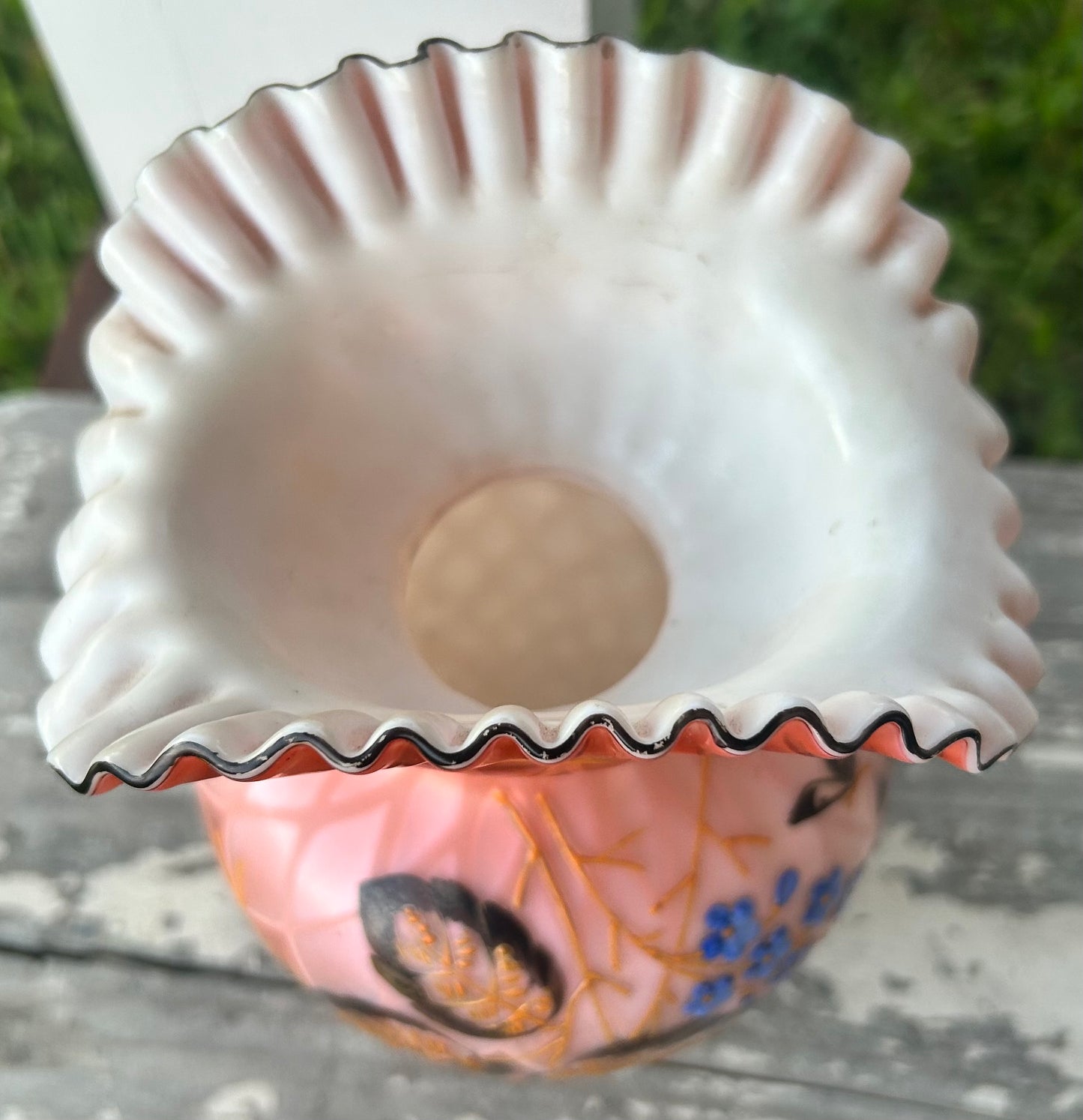 Late 19th Century Bohemian Victorian Harrach Pink/White Cased Glass Quilted Diamond Pattern Hand-Painted Floral/Butterfly Motifs Crimped Rim Bulbous Fan Vase