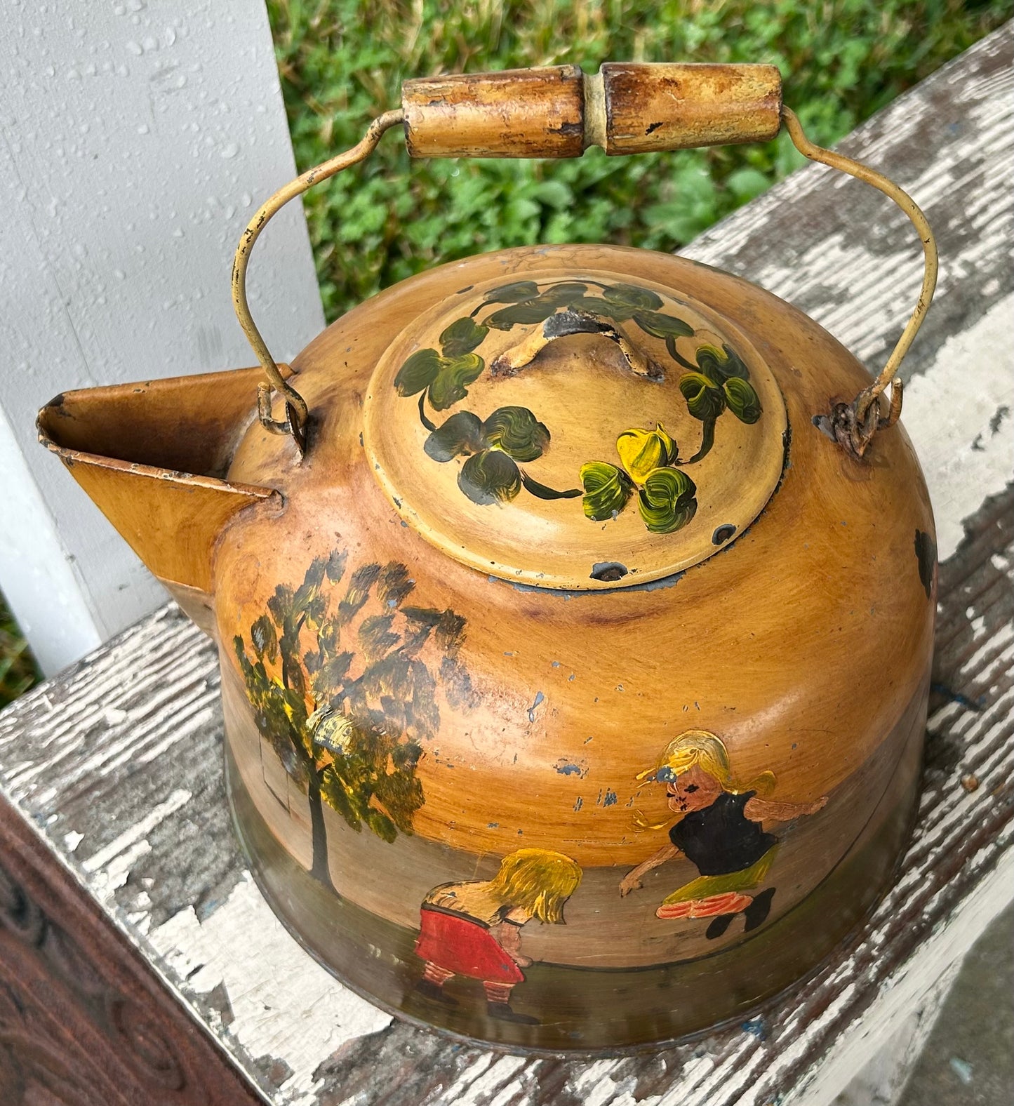Vintage Mid 20th Century American Primitive Folk Art Hand-Painted Toleware Girls Jumping Rope in Countryside Landscape Motif Metal Coffee Kettle Signed Elliott