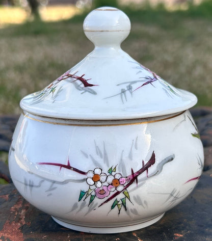 Vintage 1960’s Japanese Porcelain Hand-Painted Floral/Bird Motifs Lidded Vanity Jar