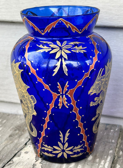 Jaryn/Bruce Orr Art Glass Contemporary Cobalt Blue Gilded Painted Dragon/Foliate Motifs Baluster Vase (1995/1996) (American)