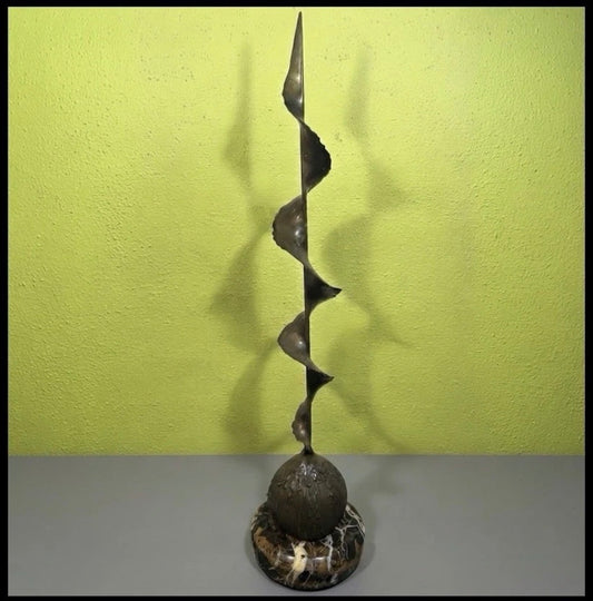 Vintage 1960’s American Brutalist Pomodoro Brothers Style Brass Organic Spiral Ribbon Helix Emerging from Sphere on Marble Plinth Base Sculpture