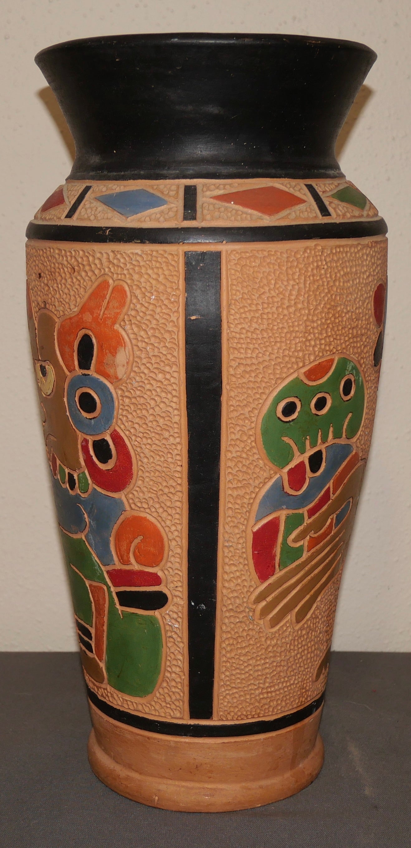 Vintage 1960's Guatemalan Mid Century Modern Clay Aztec Motifs Baluster Vase