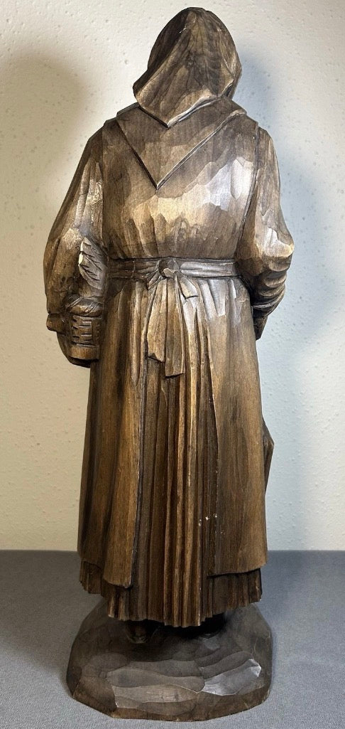 Early 20th Century French Breton Country Peasant Woman Hand-Carved Walnut Wood Sculpture