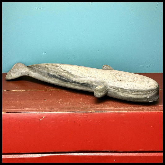 Vintage Canadian Inuit Argillite Stone Whale Carving by Mina Iqaluq (20th Century)