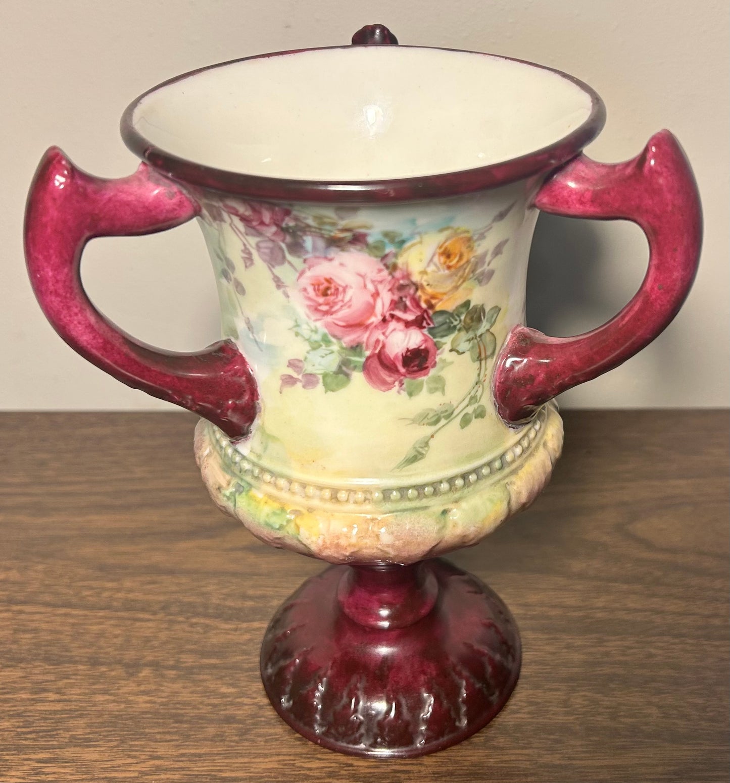 1889-1906 American Ceramic Art Studio Belleek Porcelain Hand Painted Rose Motifs Loving Cup Vase