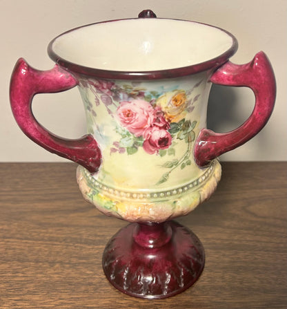 1889-1906 American Ceramic Art Studio Belleek Porcelain Hand Painted Rose Motifs Loving Cup Vase