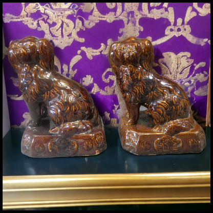 Pair of Circa 1860 American Stoneware Pottery Rockingham Glaze Spaniel Doorstops/Mantel Dogs