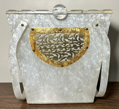 Vintage 1950’s American Wilardy Pearlescent Marbleized White Lucite/Metal Filigree Box Purse Made in New York