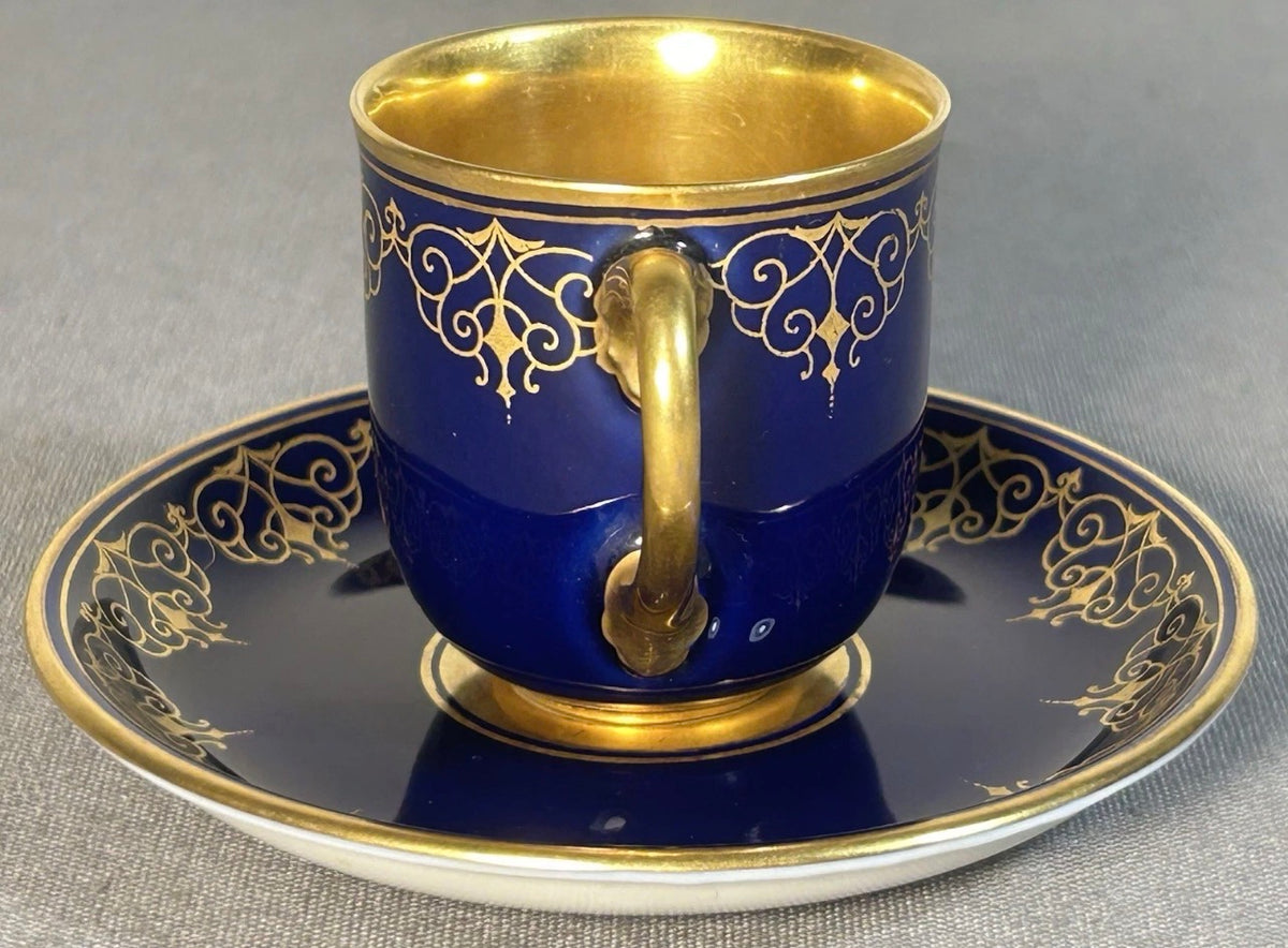 Austrian Augarten Porcelain Biedermeier Style Gilded Cobalt Blue Scrollwork Motifs Demitasse Cups and Saucer Set