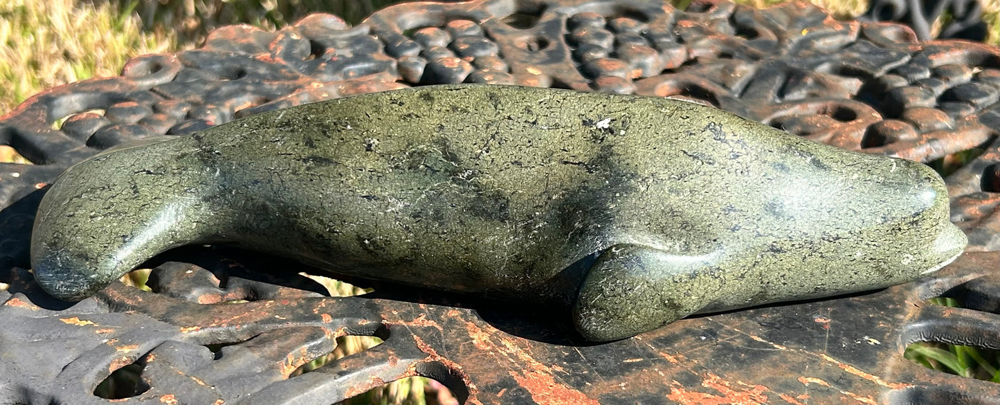 Vintage Canadian Inuit Beluga Whale Serpentine Stone Carving by Nooshoota Paduq (1979)