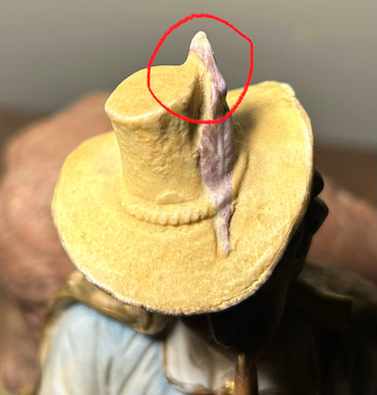 Circa 1930 German Scheibe-Alsbach Kister Bisque Porcelain Man with Bagpipes/Monkey with Cymbals Atop Grizzly Bear Figural Group