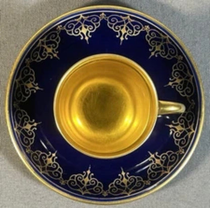 1930’s Austrian Augarten Porcelain Biedermeier Style Gilded Cobalt Blue Scrollwork Motifs Demitasse Cups and Saucer Set