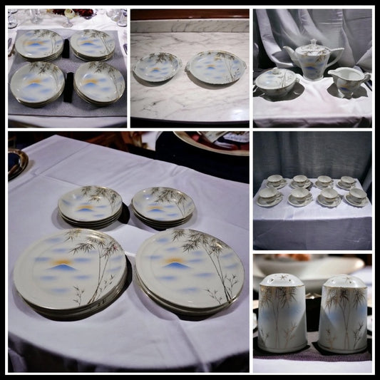 Vintage Mid 20th Century Japanese Kutani Porcelain Mountain/Bamboo Motif 57-Piece Place Setting Dinner Service for 8