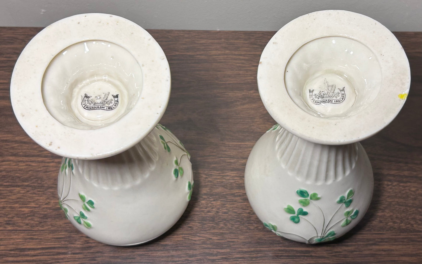 Pair of 1891-1926 Irish Belleek Porcelain Pierced Shamrock Vases (2nd Mark)