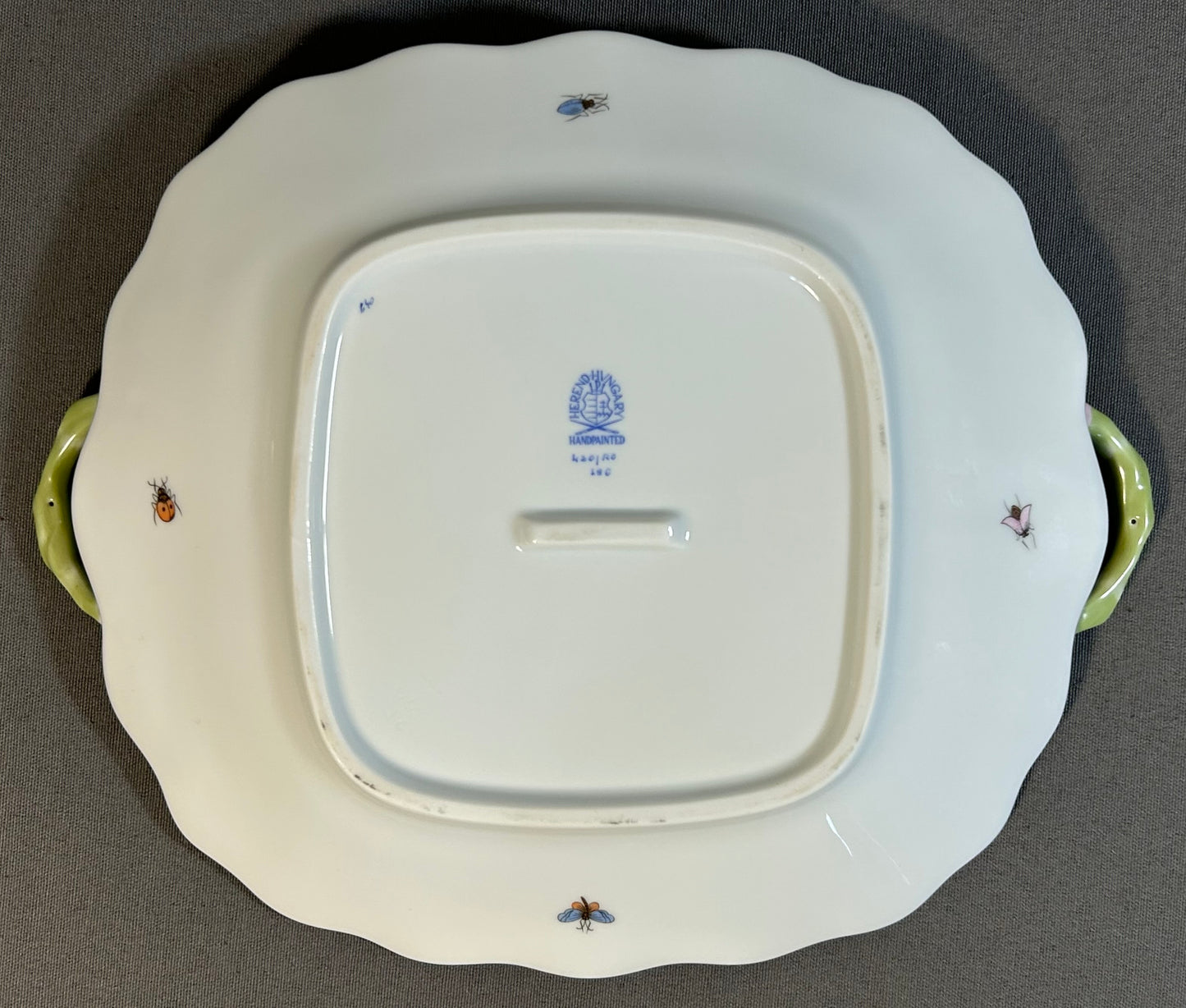 Vintage Circa 1970 Hungarian Herend Porcelain Hand-Painted Rothschild Bird Pattern Scalloped Rim Handled Square Serving Tray