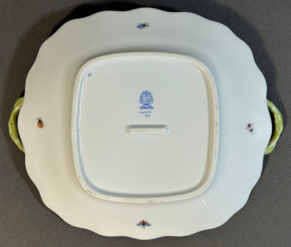 Vintage Circa 1970 Hungarian Herend Porcelain Hand-Painted Rothschild Bird Pattern Scalloped Rim Handled Square Serving Tray