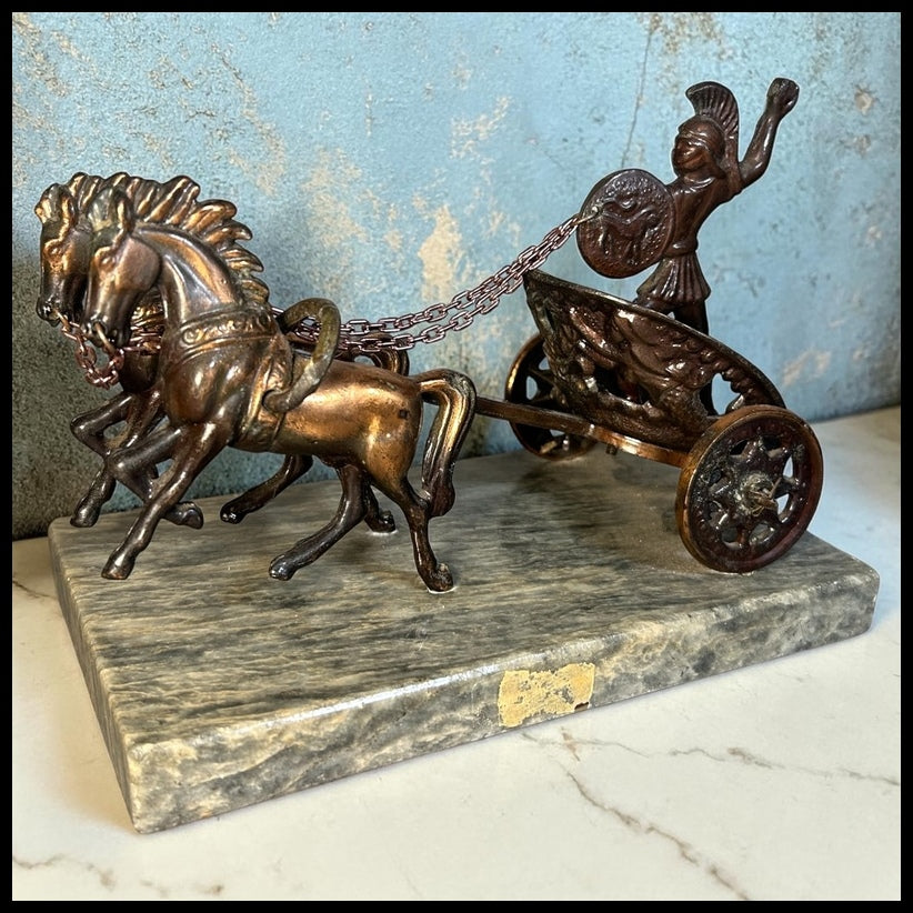 Vintage Circa 1960’s Greek Mythology Achilles with War Chariot Bronze Patinated Spelter Statue on Grey/White Marble Base Made in Greece