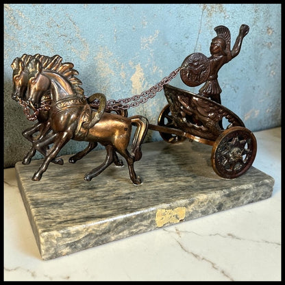 Vintage Circa 1960’s Greek Mythology Achilles with War Chariot Bronze Patinated Spelter Statue on Grey/White Marble Base Made in Greece