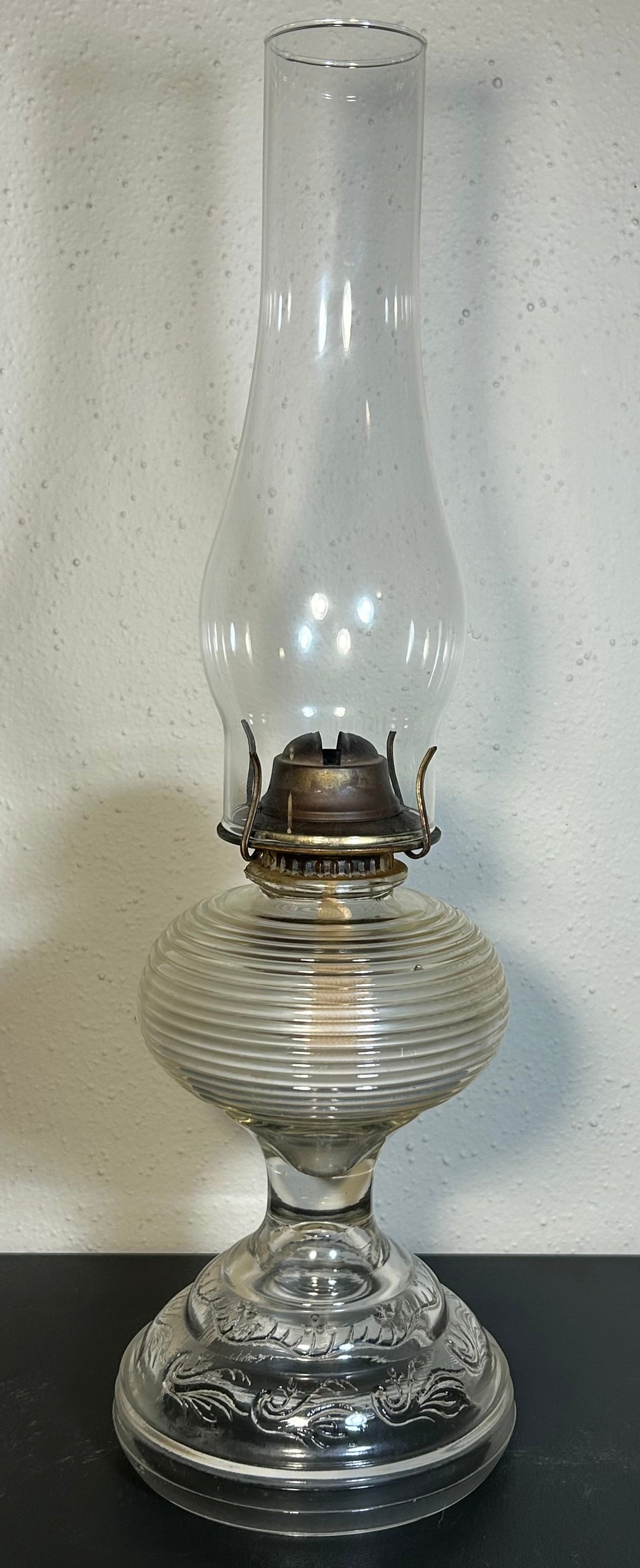 1930’s American Bartlett-Collins Early American Pressed Glass Rib and Plume Beehive Kerosene Oil Lamp with Eagle Burner