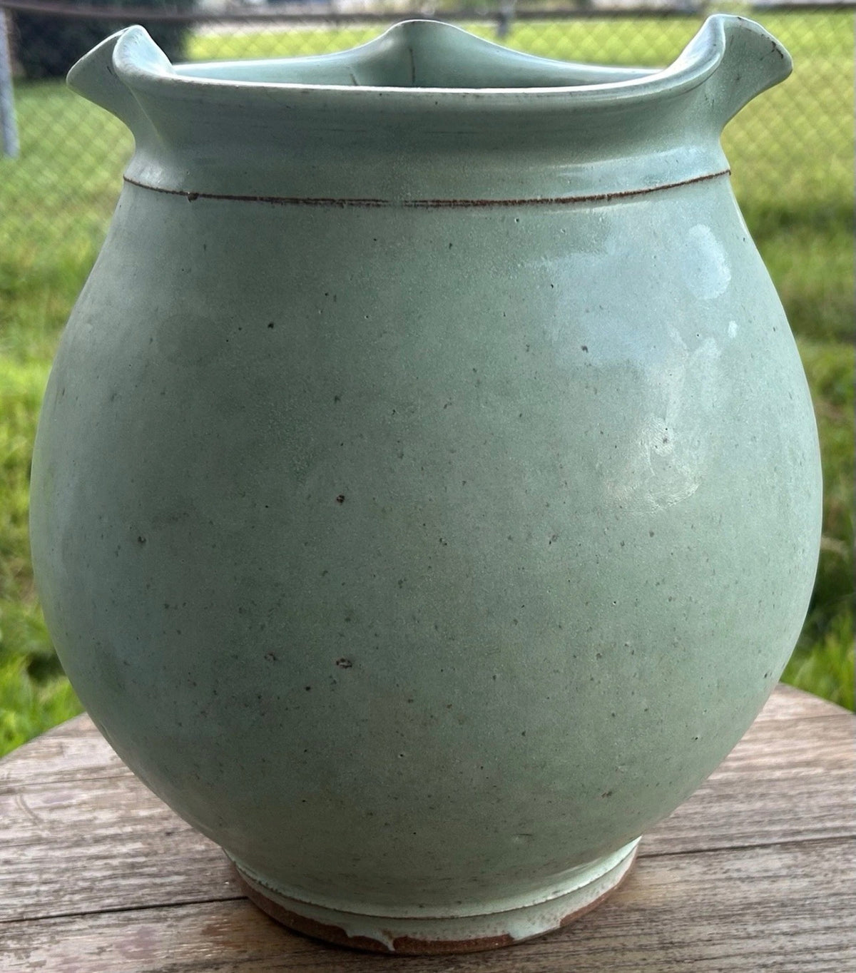 2005 Potsalot Studio Art Pottery Contemporary Style Stoneware Ruffled Rim Bulbous Vase (New Orleans, Louisiana)