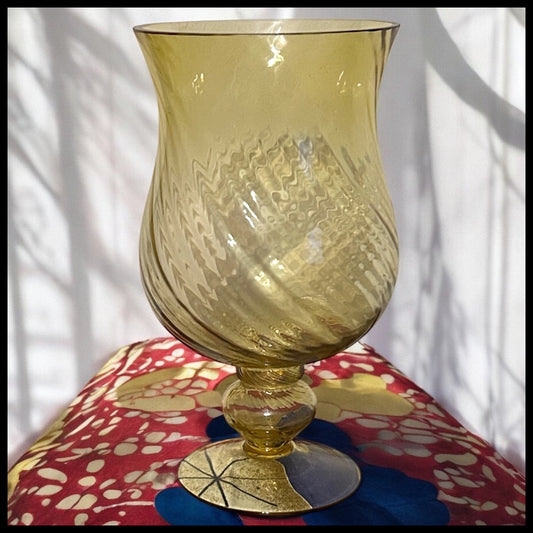Vintage Circa 1970 Italian Empoli Topaz Glass Optic Swirl Pattern Footed Vase
