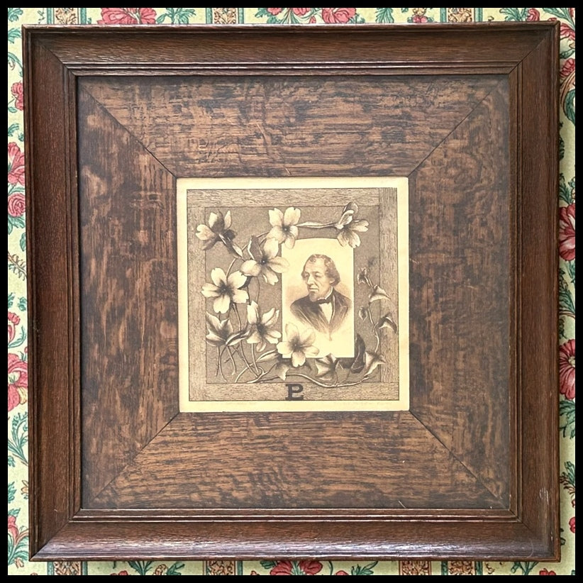 1887 English Victorian Prime Minister Benjamin Disraeli Commemorative Portrait Steel Engraving Art by J.H. Allchin Set in Circa 1900 Arts & Crafts Quarter-Sawn Oak Frame with Wooden Slip Matting