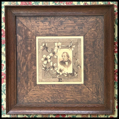 1887 English Victorian Prime Minister Benjamin Disraeli Commemorative Portrait Steel Engraving Art by J.H. Allchin Set in Circa 1900 Arts & Crafts Quarter-Sawn Oak Frame with Wooden Slip Matting