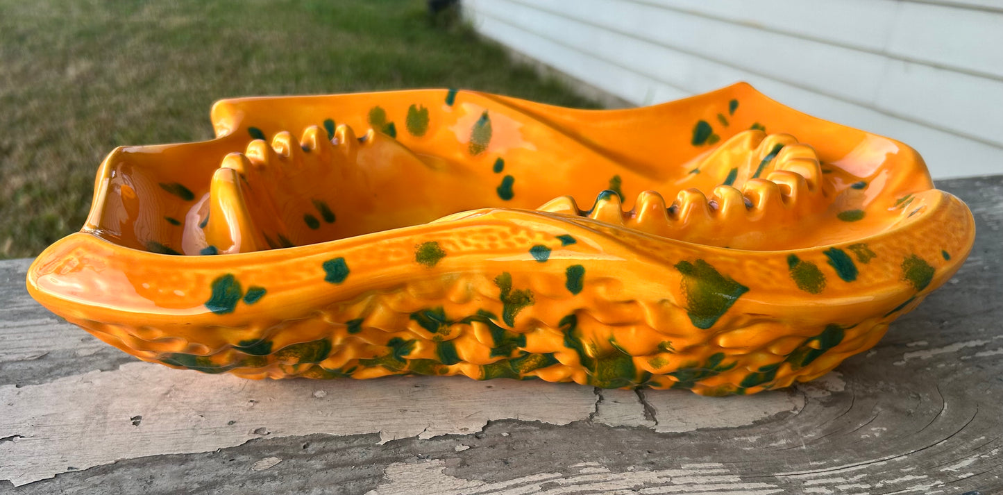 Vintage 1960’s American Mid Century Modern Byron Mold Ceramic Large Orange/Green-Spotted Ashtray