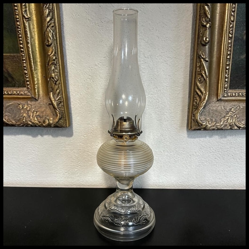 1930’s American Bartlett-Collins Early American Pressed Glass Rib and Plume Beehive Kerosene Oil Lamp with Eagle Burner