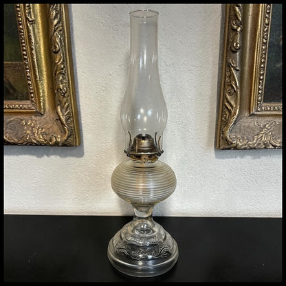 1930’s American Bartlett-Collins Early American Pressed Glass Rib and Plume Beehive Kerosene Oil Lamp with Eagle Burner