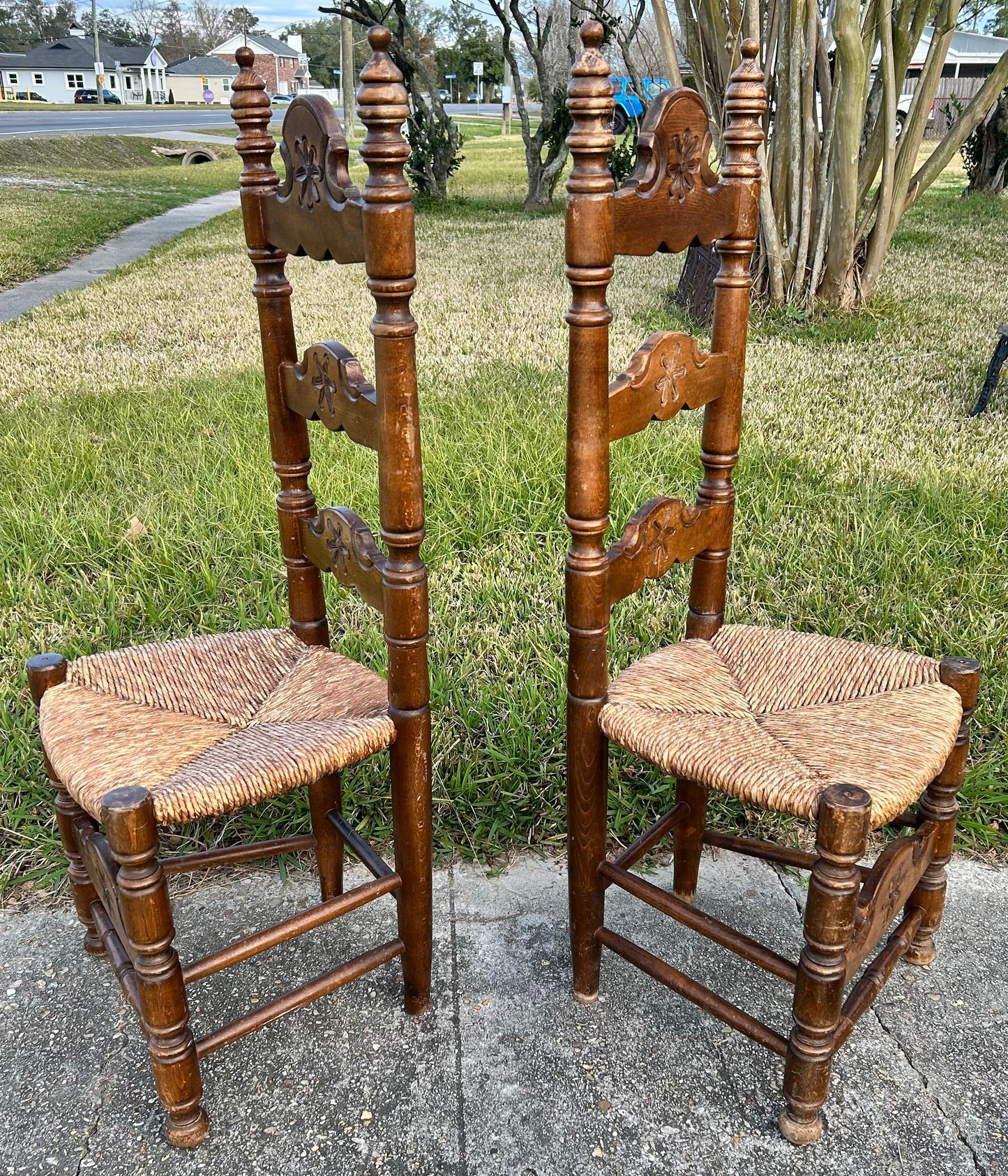 Pair of Vintage Mid 20th Century Spanish Country Style Carved Maple Wood/Upholstered Rush Seat High Ladderback Dining Chairs