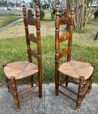 Pair of Vintage Mid 20th Century Spanish Country Style Carved Maple Wood/Upholstered Rush Seat High Ladderback Dining Chairs