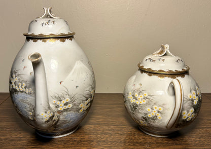 Early 20th Century Japanese Kutani Porcelain Hand-Painted Gilded Chrysanthemum Floral/Mountain Creek Landscape Motifs Teapot and Lidded Sugar Bowl Set (Meiji Period)