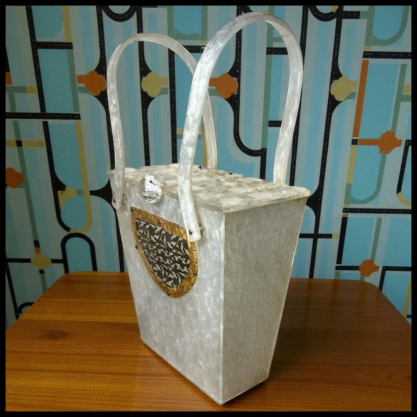 Vintage 1950’s American Wilardy Pearlescent Marbleized White Lucite/Metal Filigree Box Purse Made in New York