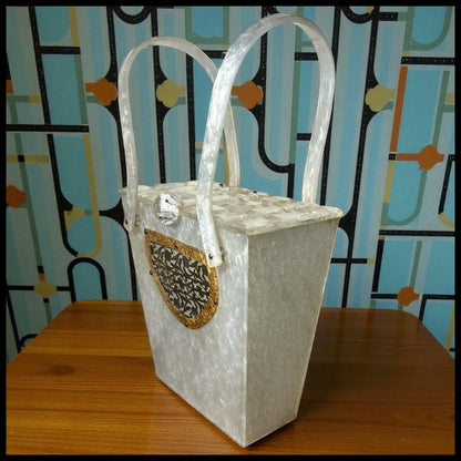 Vintage 1950’s American Wilardy Pearlescent Marbleized White Lucite/Metal Filigree Box Purse Made in New York