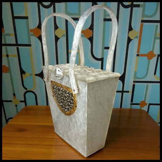 Vintage 1950’s American Wilardy Pearlescent Marbleized White Lucite/Metal Filigree Box Purse Made in New York