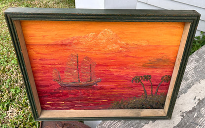 Vintage 1968 American Contemporary Style Chinese Junk Ship Seascape Framed Oil Painting on Canvas Board by Bernie Hill (Louisiana)