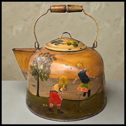 Vintage Mid 20th Century American Primitive Folk Art Hand-Painted Toleware Girls Jumping Rope in Countryside Landscape Motif Metal Coffee Kettle Signed Elliott