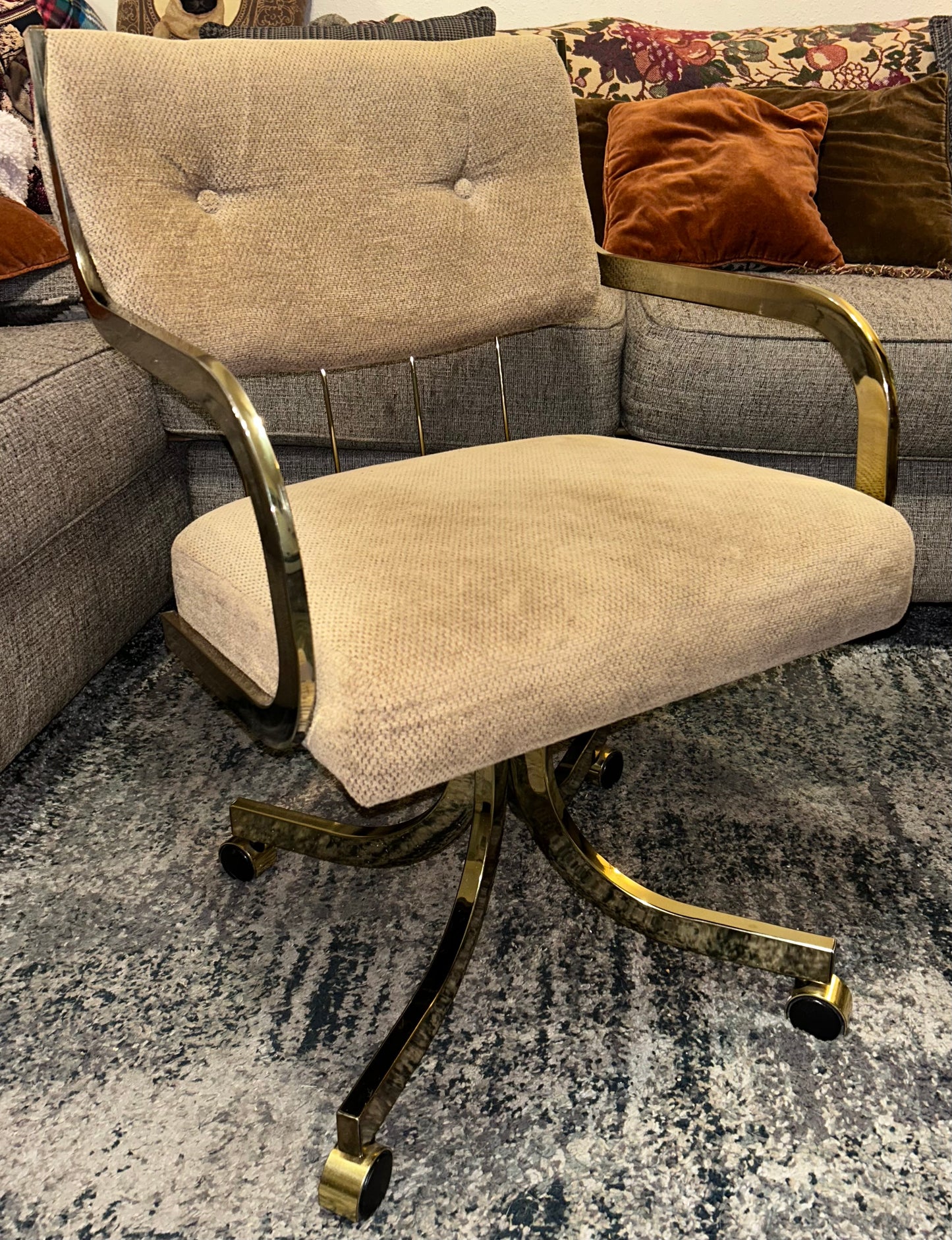 Set of 2 Vintage 1980’s American Hollywood Regency Chromcraft Brass Style Metal/Beige Upholstered Rolling Accent Armchairs