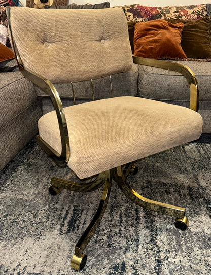 Set of 2 Vintage 1980’s American Hollywood Regency Chromcraft Brass Style Metal/Beige Upholstered Rolling Accent Armchairs