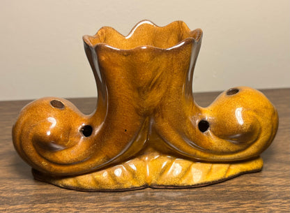Vintage Circa 1960 American Mid Century Modern Anna Van Briggle Pottery Brown Glazed Console Bowl with Flower Frog