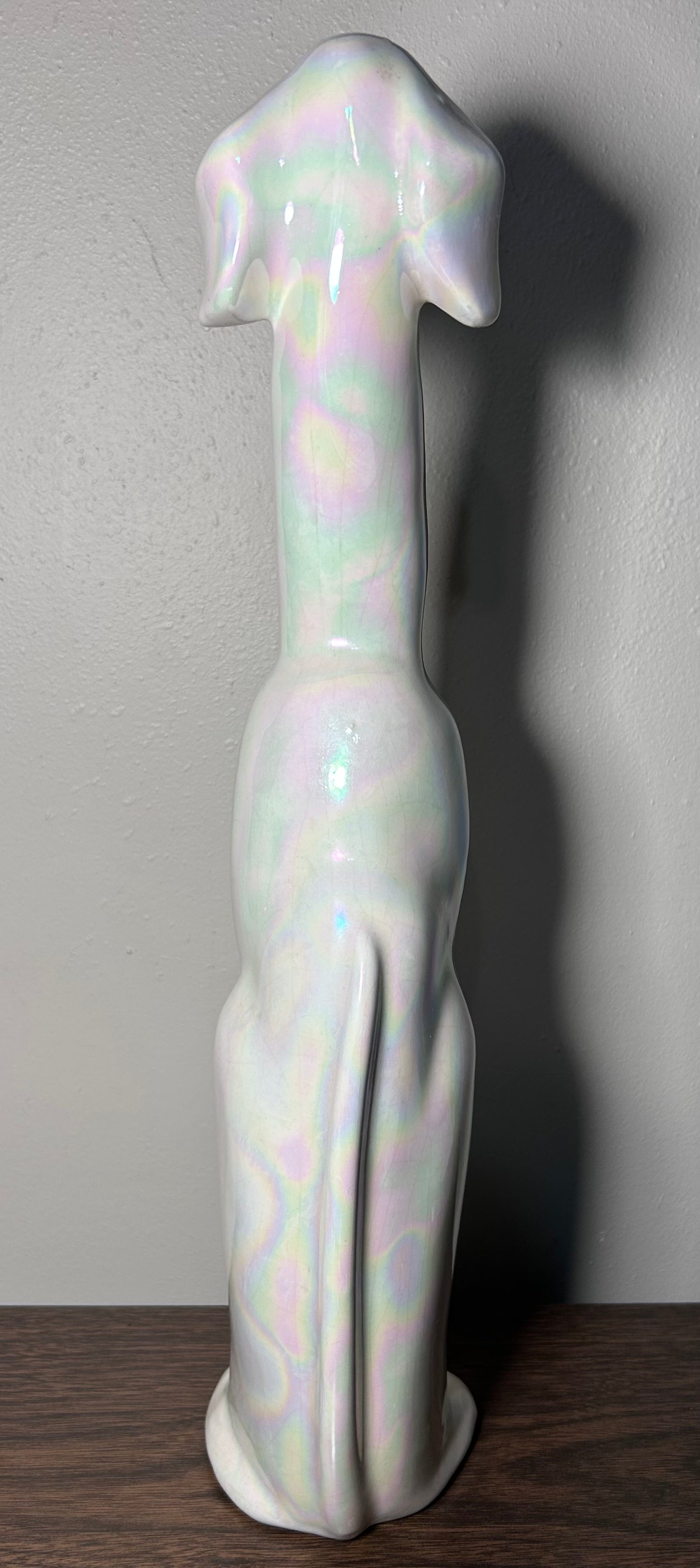 Vintage 1950’s American Mid Century Modern USA Pottery Iridescent White Crackle Glazed Ceramic Greyhound Dog Sculpture (#508)