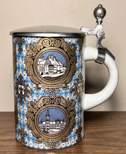 Vintage 1980’s German Porcelain Pewter Lidded Munchen Souvenir Stein