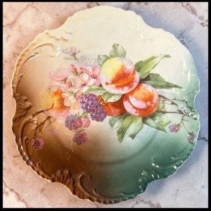 Early 20th Century Bavarian Zeh, Scherzer & Co. Porcelain Hand-Painted Transferware Botanical Fruit Arrangement Motif Plate