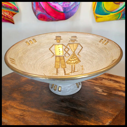 Vintage 1960’s Italian Mid Century Modern Fratelli Fanciullaci Sgraffito Pottery Man/Woman Figural Motifs Terracotta Footed Bowl